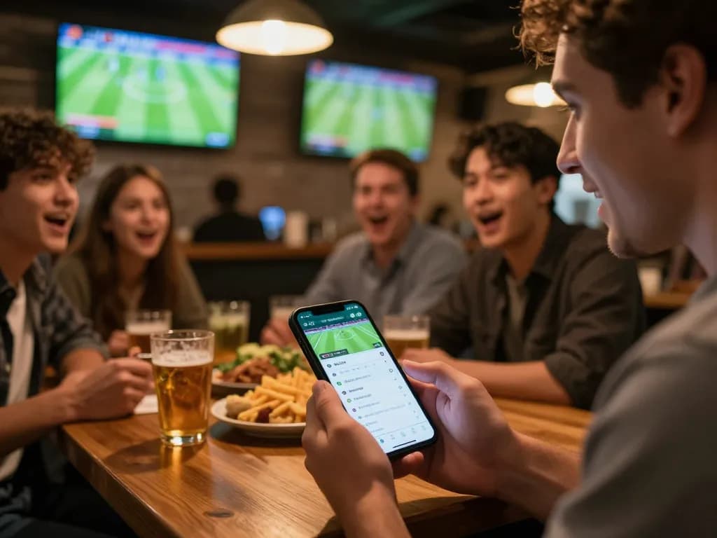 Engaging user utilizing the Golbos Agen Bola parlay app for live football betting at a lively social bar.
