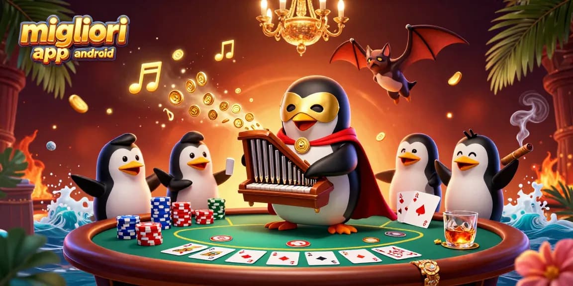 Migliori app poker android: gioca al poker con il pinguino fantasma in un'illustrazione infuocata e dinamica.
