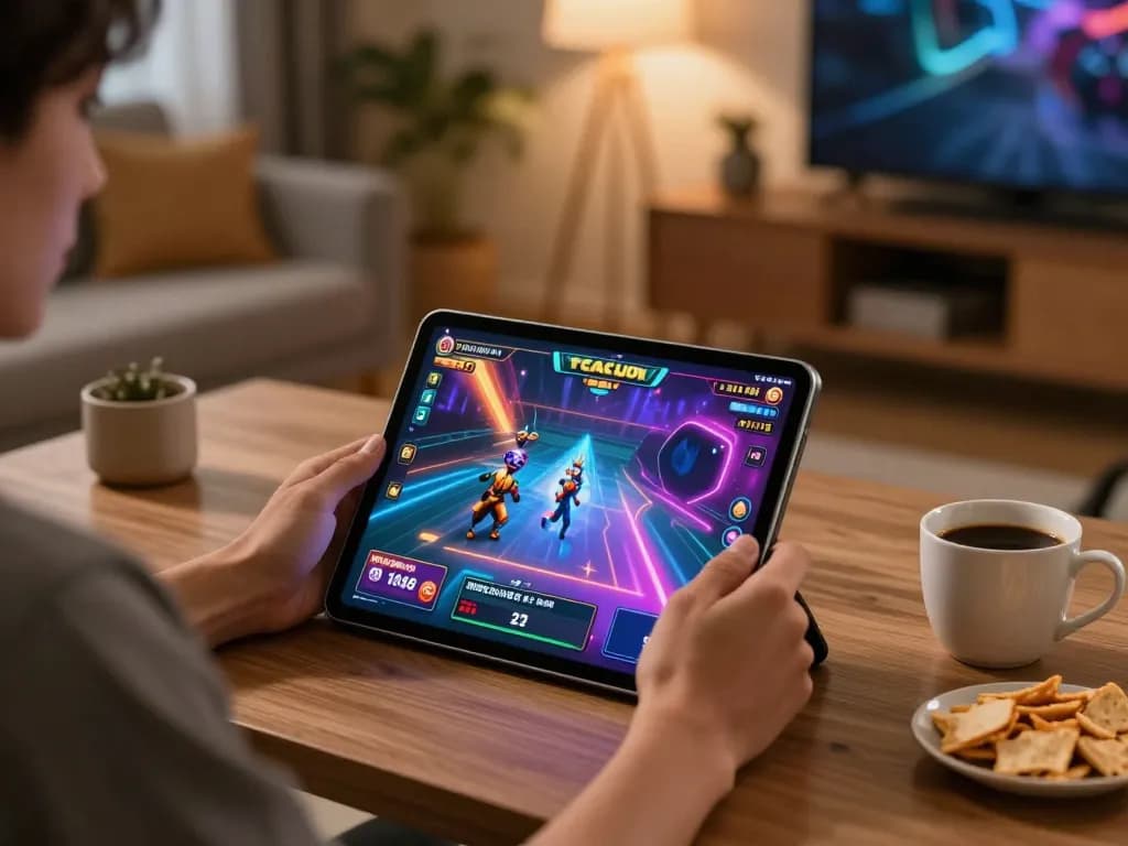 Momen permainan online yang menarik dengan gameplay slot gacor di tablet dalam suasana rumah yang nyaman.