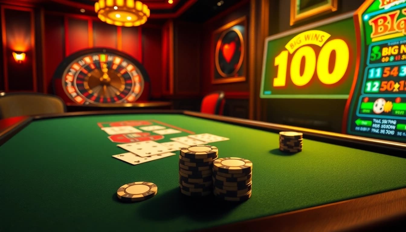 Scène engageante de casino en ligne 2026 avec une table de poker virtuelle présentant des jetons et des cartes.