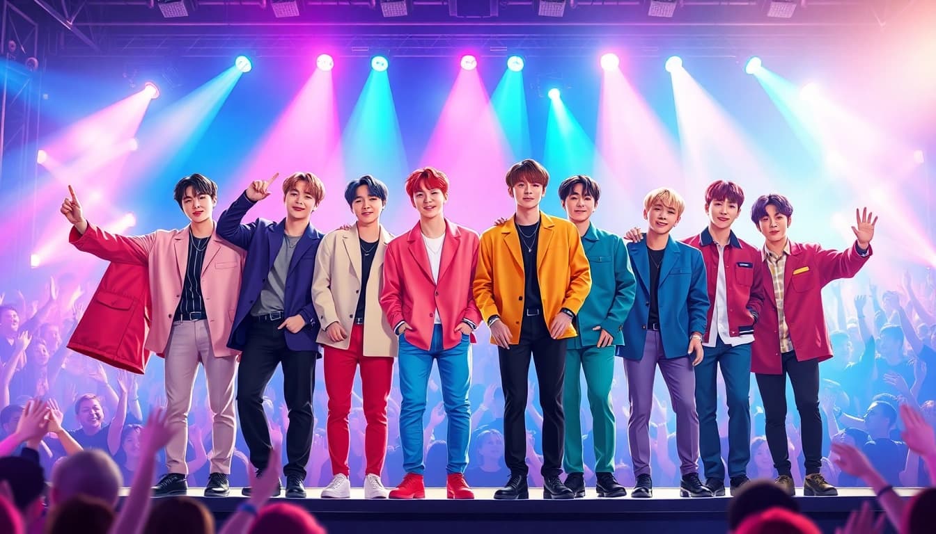 BTS members performing energetically on stage during a concert with vibrant lighting.