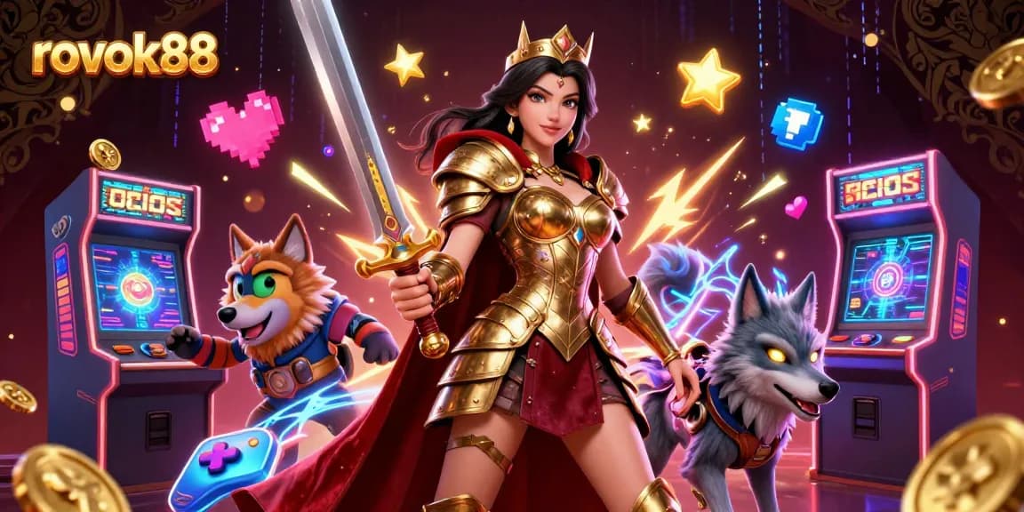 Engage with dynamic casino thrills on rokok88 with a warrior queen and her glowing wolf companion.