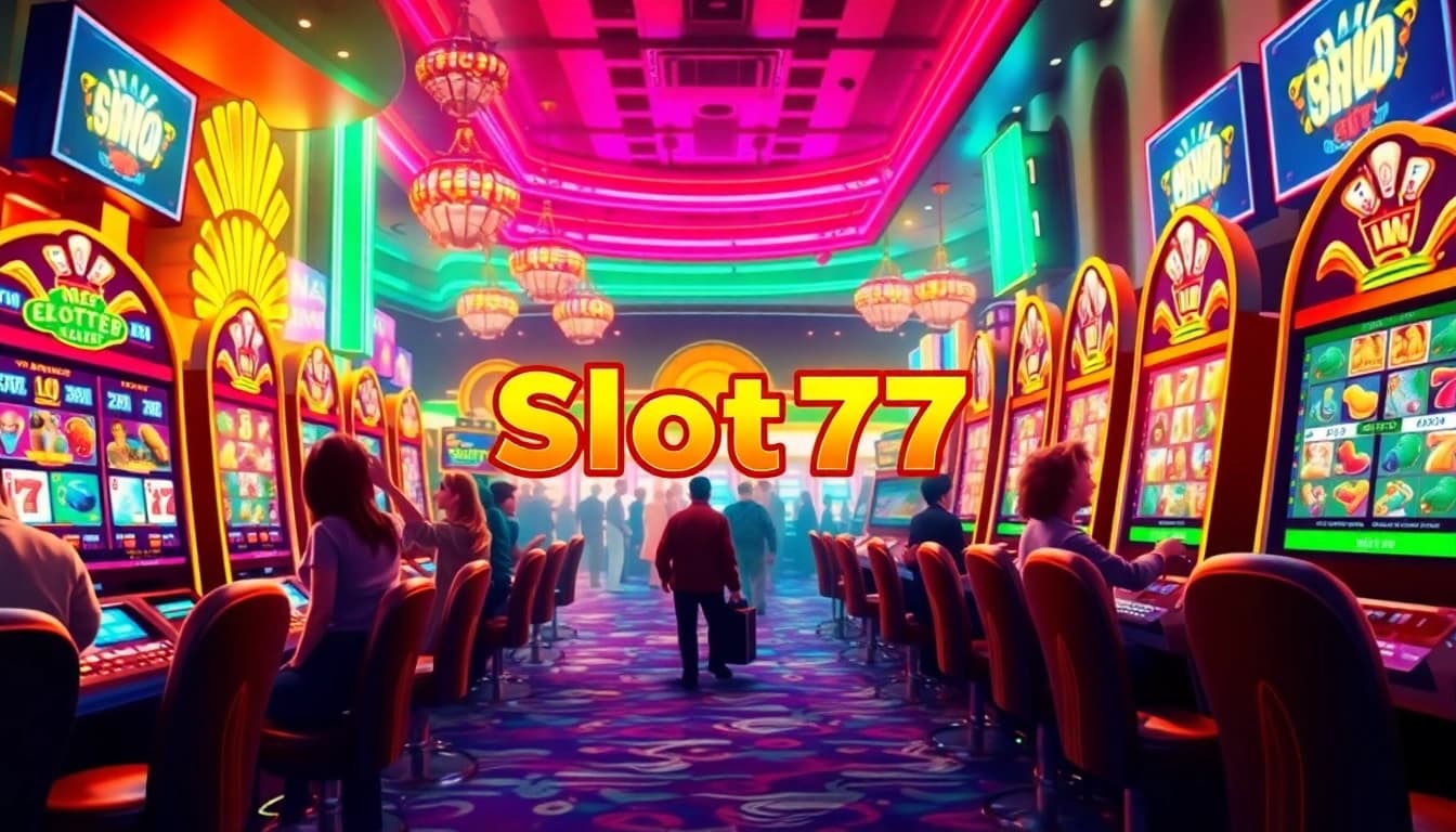 Menangkan jackpot di Slot77 dengan tampilan mesin slot yang menarik dan suasana kasino yang ceria.