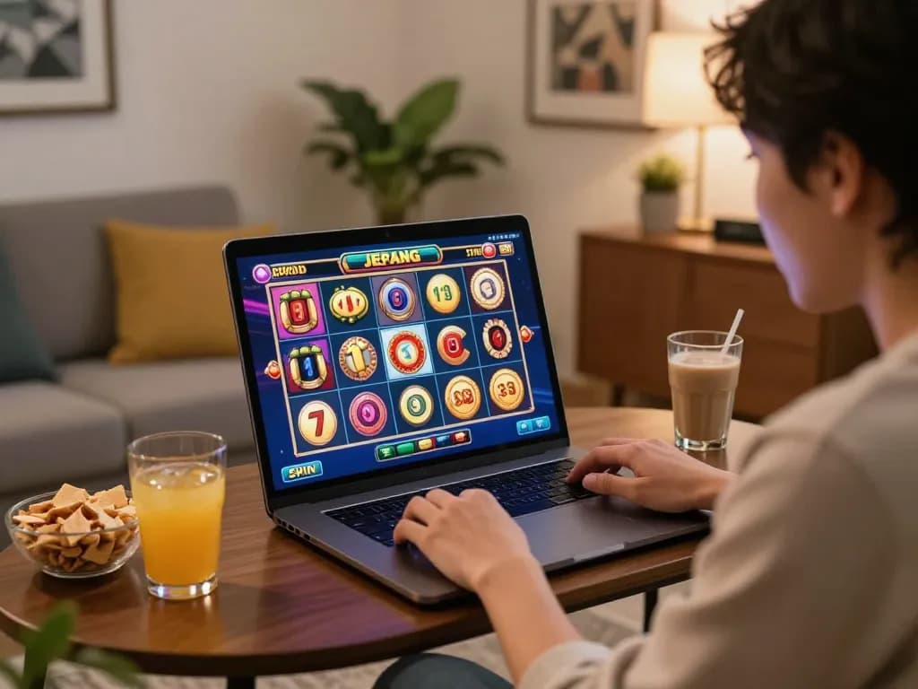 Engaging online slot jepang gaming scene with a player set for action at home, capturing excitement.