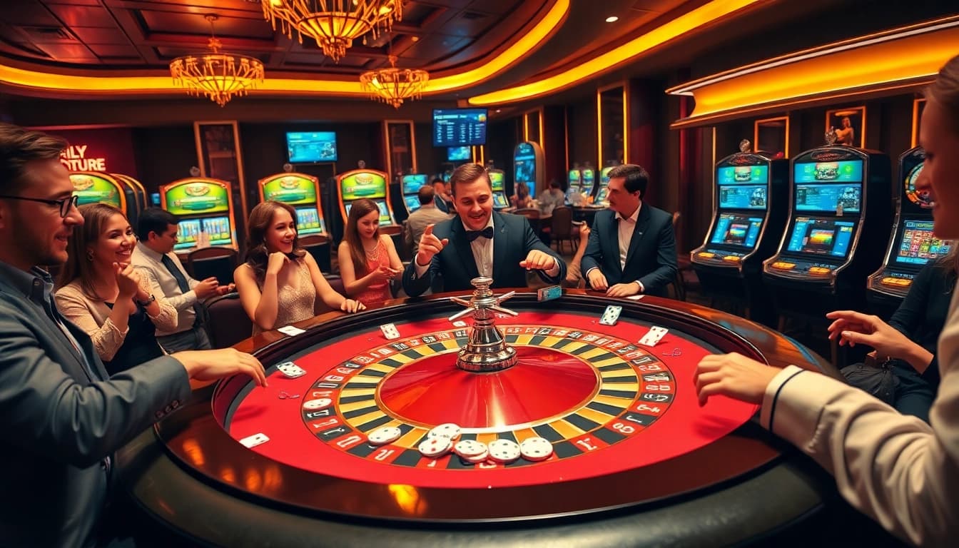 Des joueurs passionnants plaçant des paris à une table de roulette dans une ambiance de casino en ligne 2026 luxueuse.