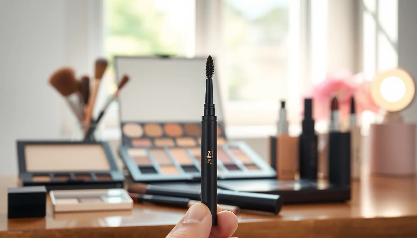 Enhance your look with the versatile skone cosmetics brow wand showcased in a chic beauty setting.