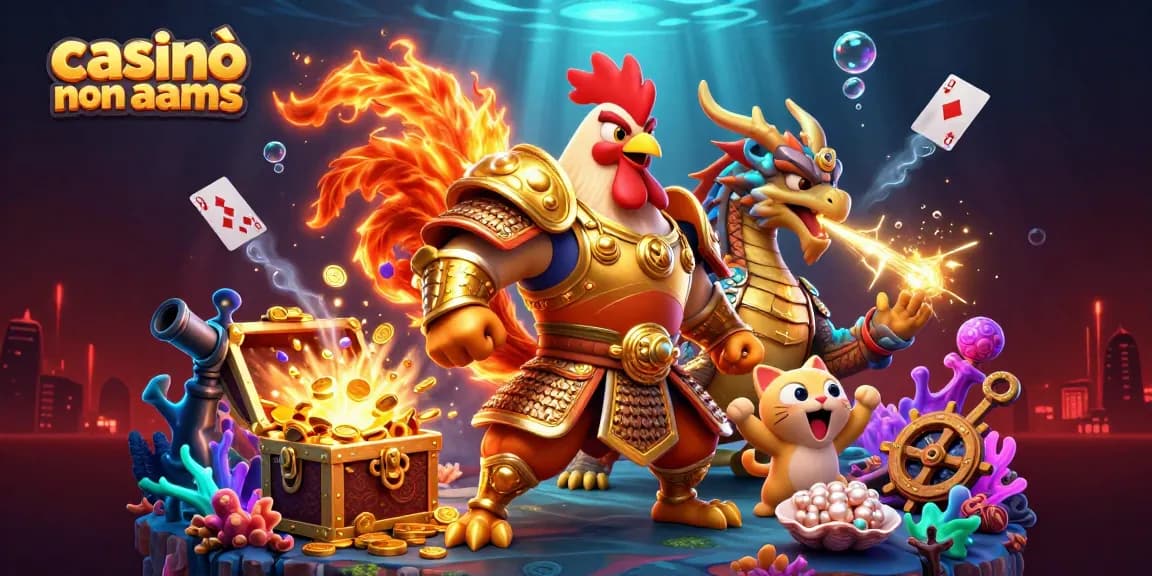 Casinò non AAMS: potente guerriero gallo in armatura samurai dorata circondato da tesori e giochi
