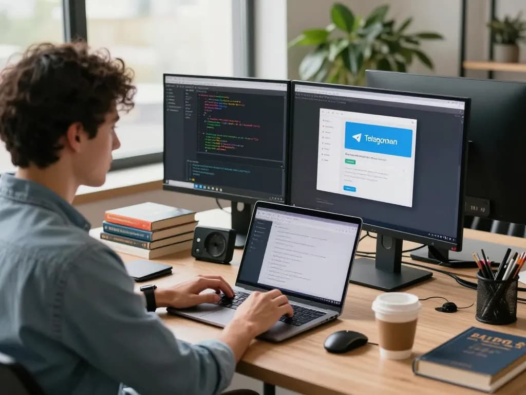 Developer using Telegram 中文 app on multi-monitor setup in a modern office