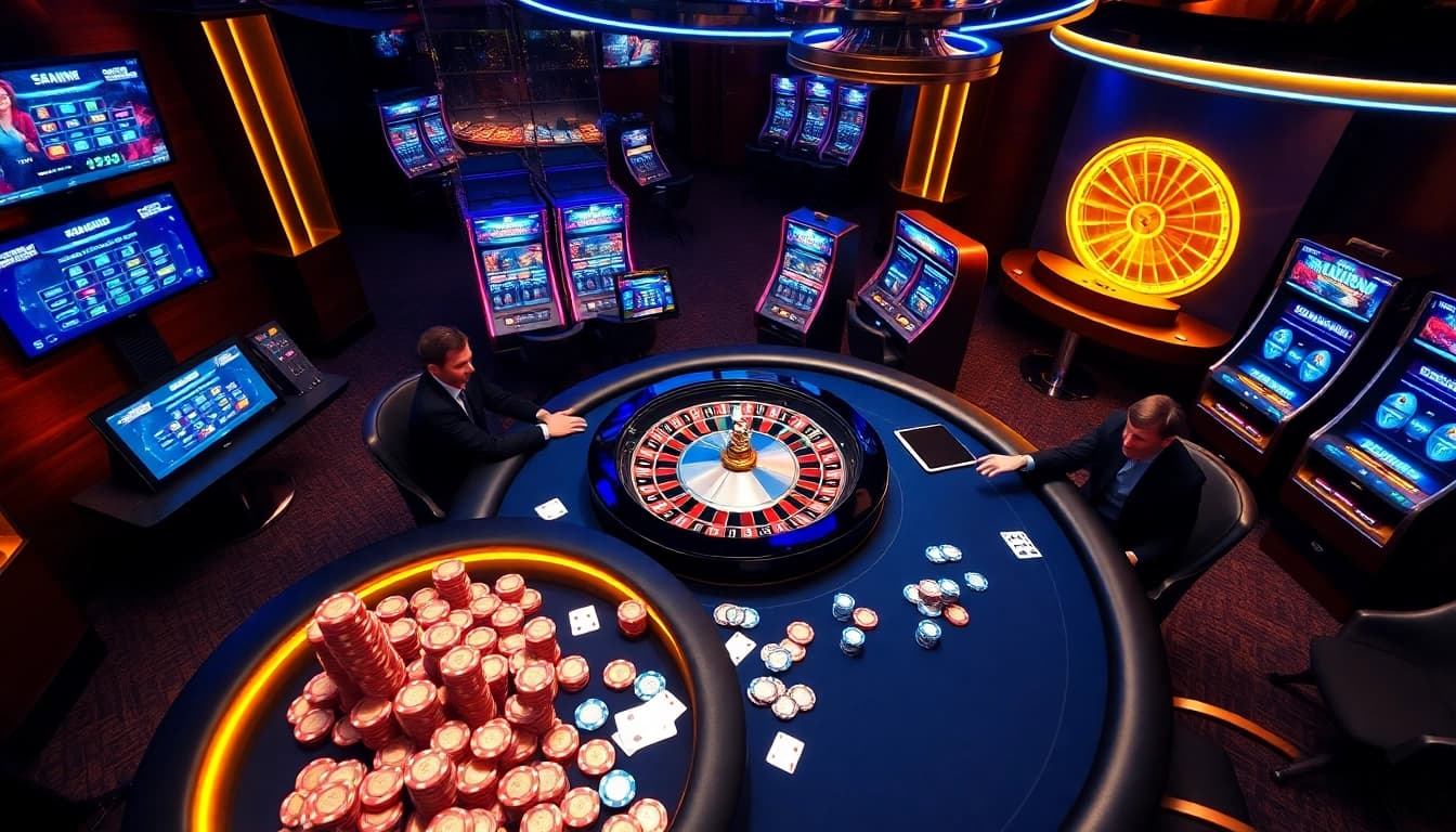 Découvrez l'excitation du casino en ligne 2026 avec une scène de jeu luxueuse présentant un poker et une roulette palpitants.