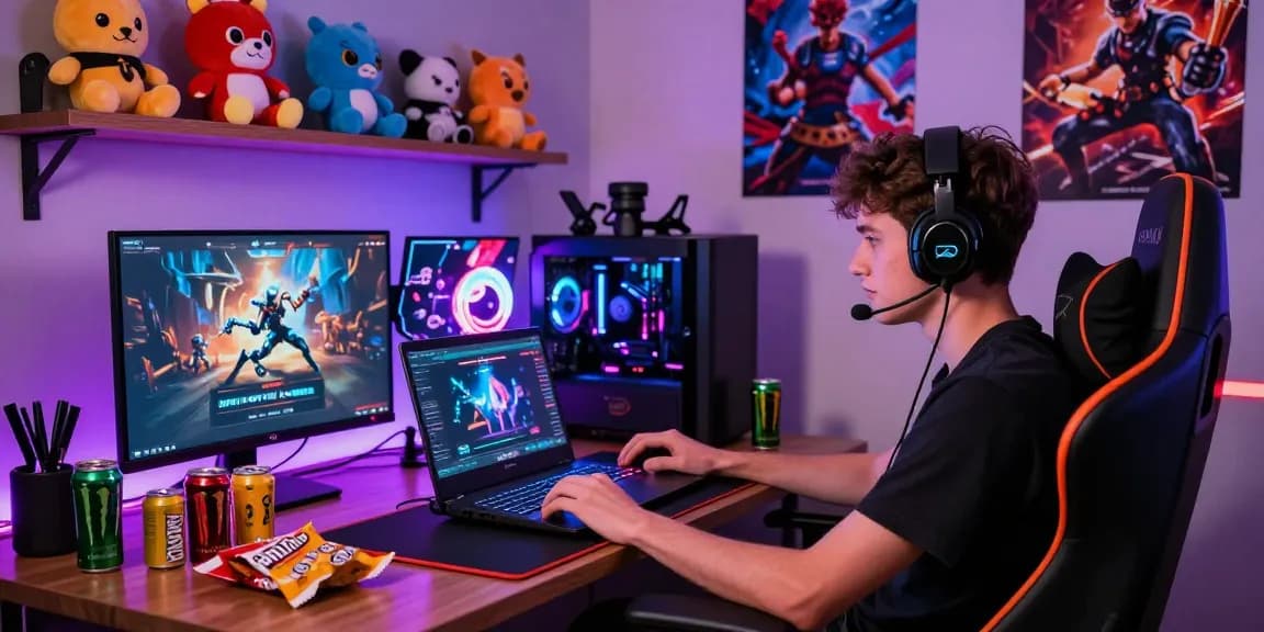 Immersive gaming setup showcasing a male player engaged with html porn games and vibrant decor.