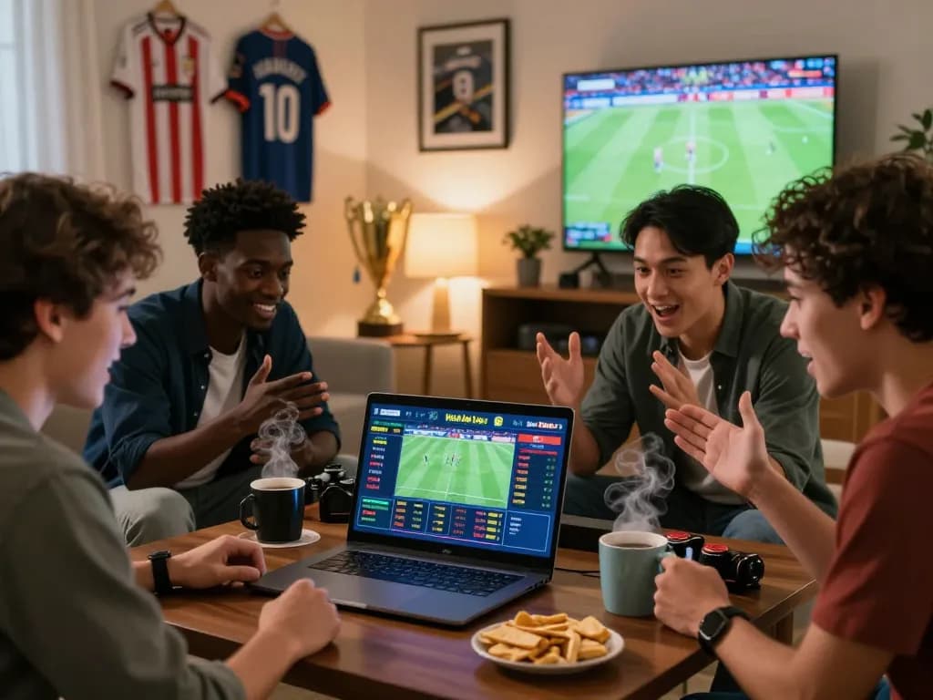 Excited friends engaging with Nhà Cái Hubet online betting platform in a cozy living room, enhancing sports viewing experience.