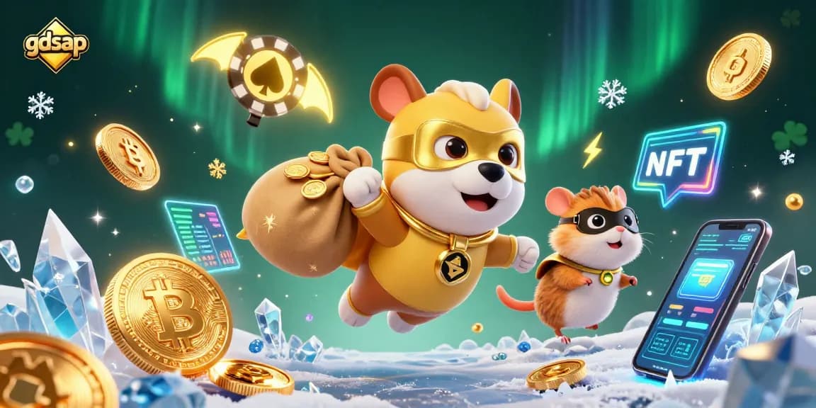 Join the adventure with gdsap as the superhero dog flies with gold coins in a vibrant casino world.