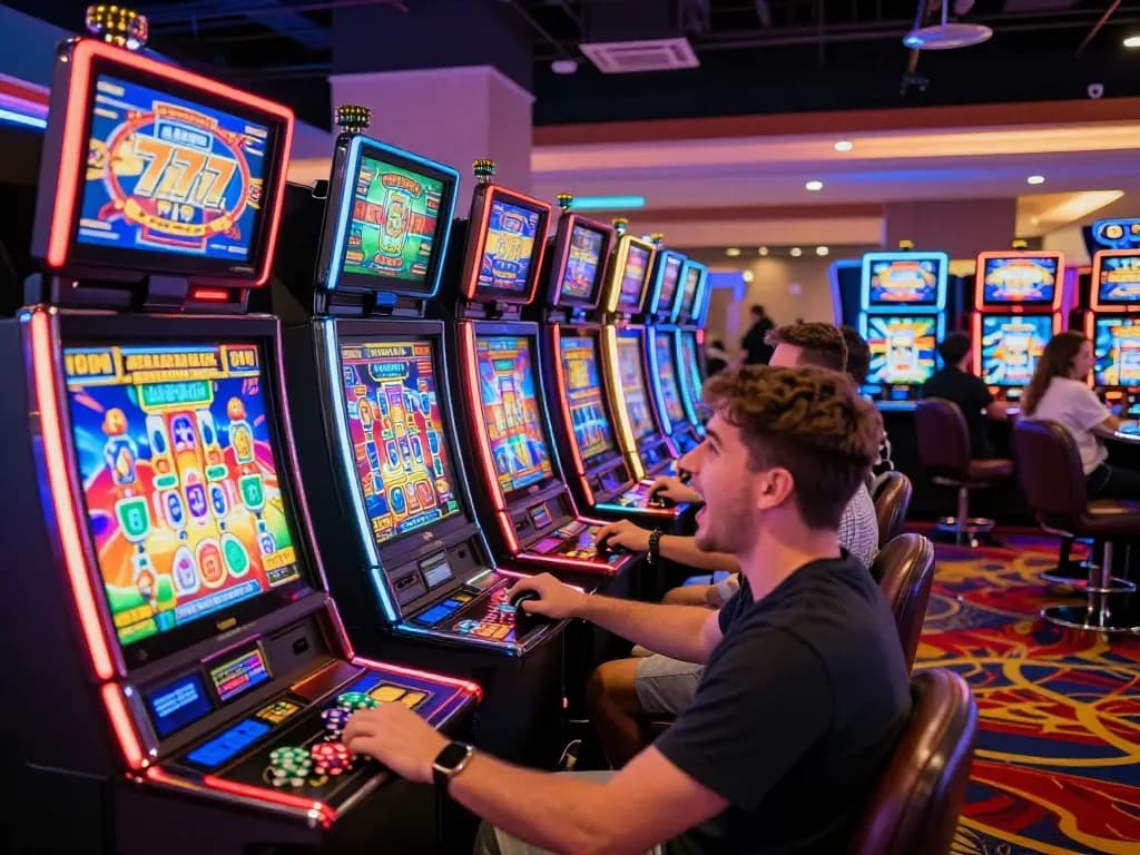 Players experiencing thrilling wins at slot777 machines in a vibrant casino.
