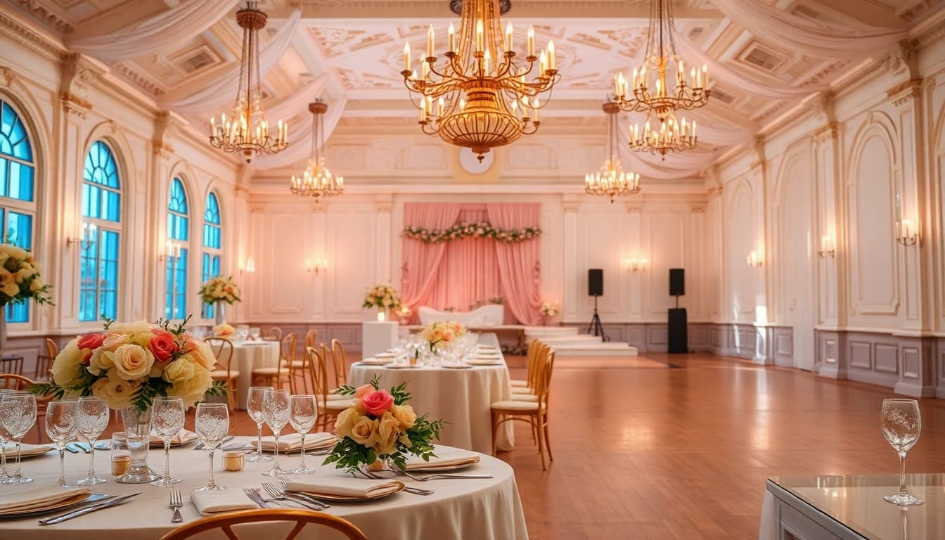 Experience Wedding Event Space Jacksonville with an elegant venue featuring floral decor and chandeliers.