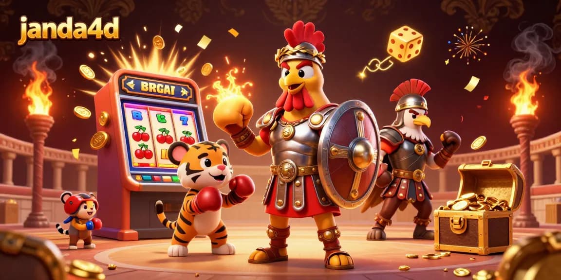 Permainan yang menarik bagi para pemain janda4d menunjukkan slot mesin berhadiah dan petarung dalam ilustrasi 3D yang mendetail.