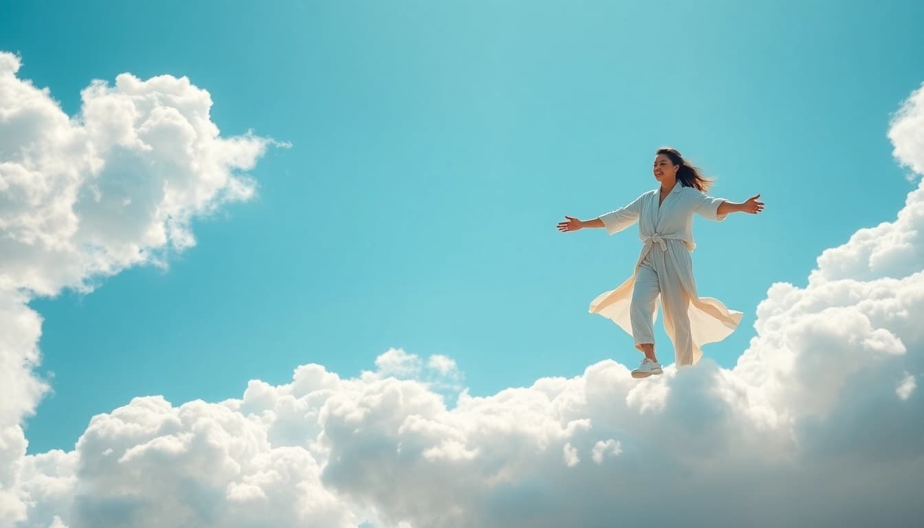Walking on Clouds in a serene scene with a person moving gracefully amidst fluffy white clouds.