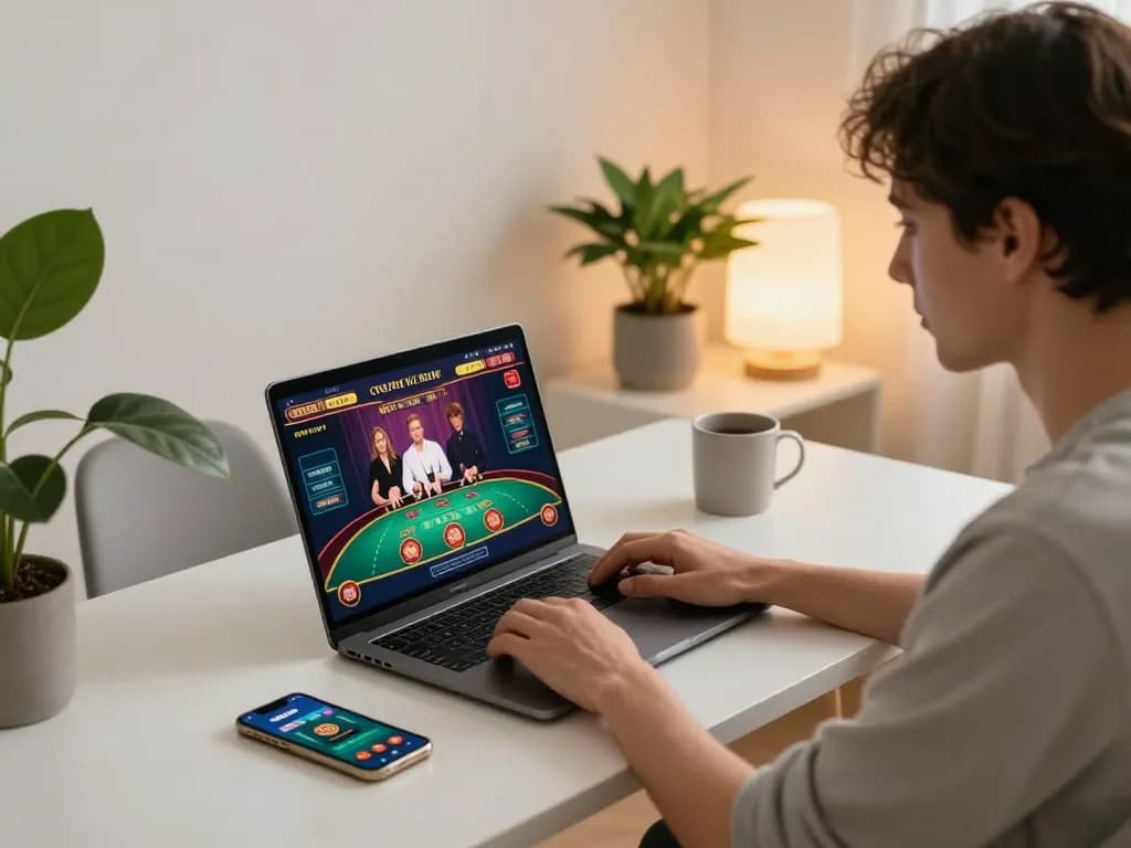Engaging in sunwinapk online gaming with live dealers in a modern home setup.