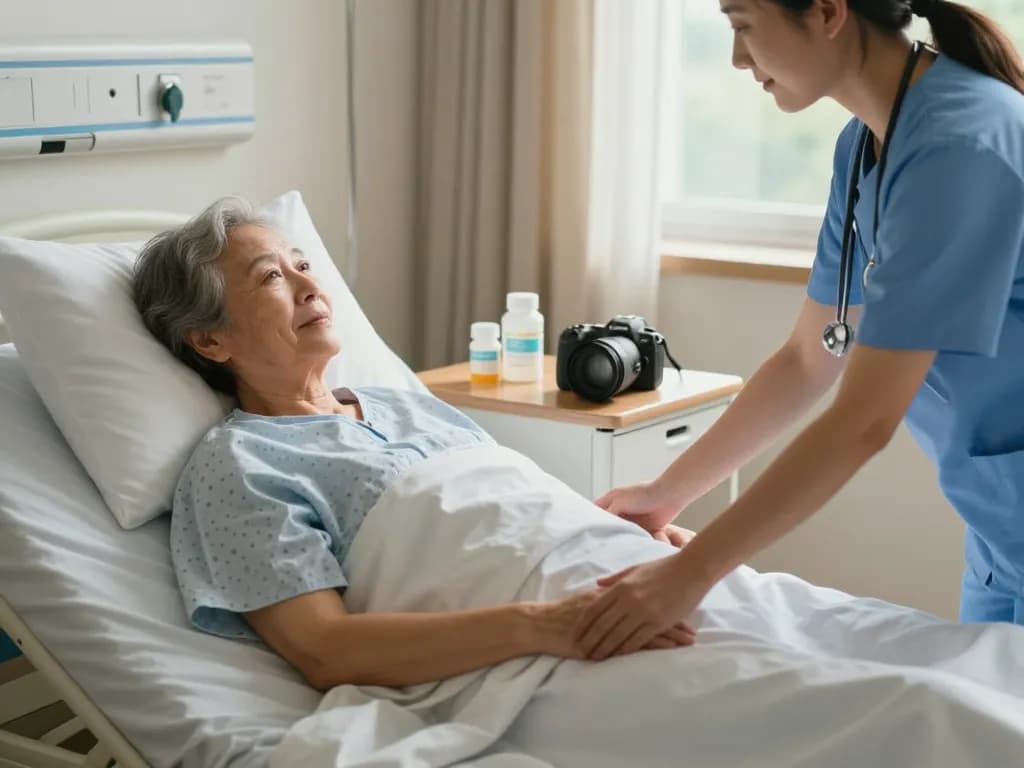 Patient resting in a giường bệnh nhân with caregiver making adjustments for comfort in a warm home.