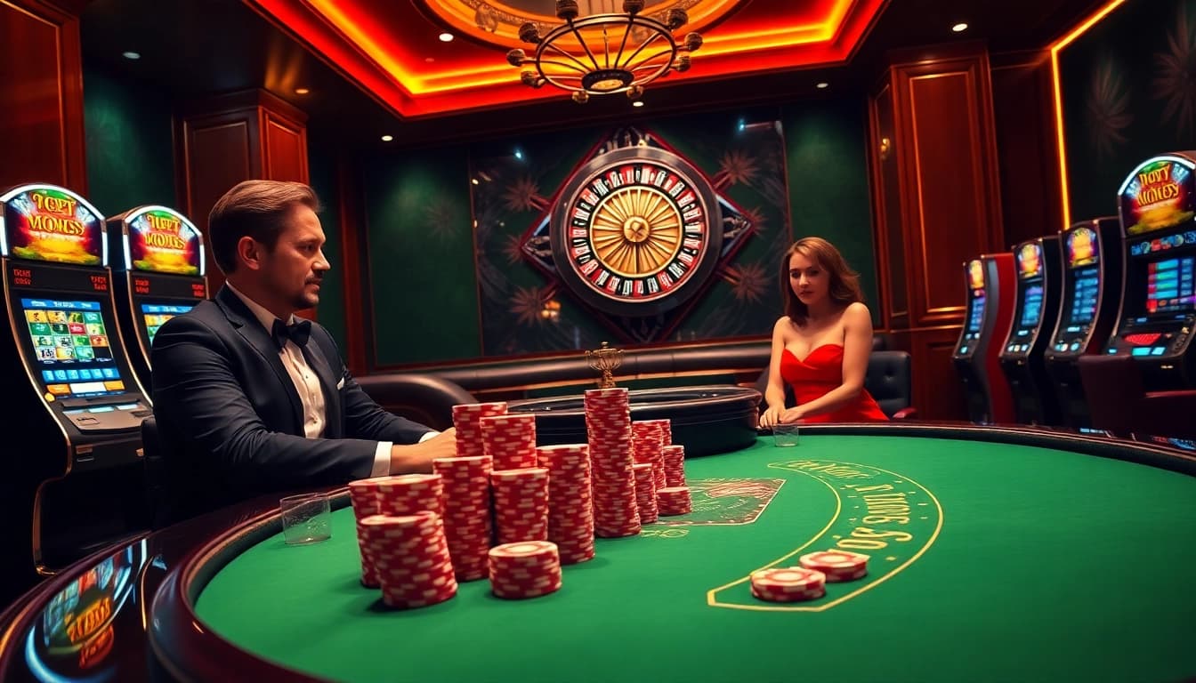 Ressentez l'excitation dans un casino en ligne sophistiqué 2026 avec des joueurs à une table de poker.