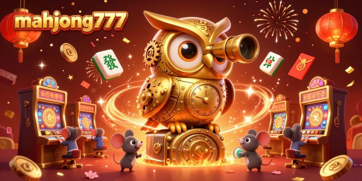 Experience the excitement of mahjong777 with a vibrant 3D casino scene featuring golden owls, mahjong tiles, and festive elements.