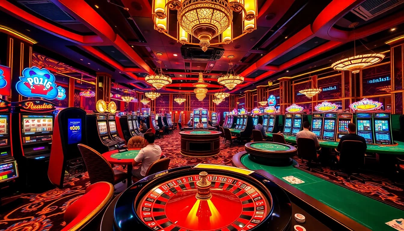 Joueurs profitant d'expériences de casino en ligne 2026 à des tables de jeu luxueuses avec des machines à sous vibrantes.