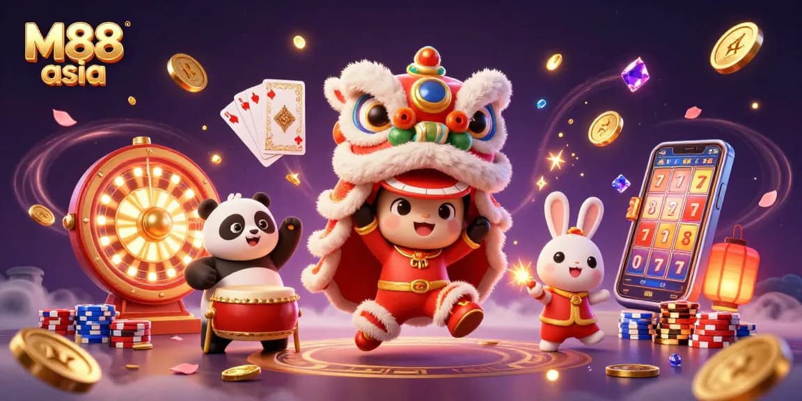 Experience the excitement of M88 asia with vibrant illustrations of a lion dance and gambling games.