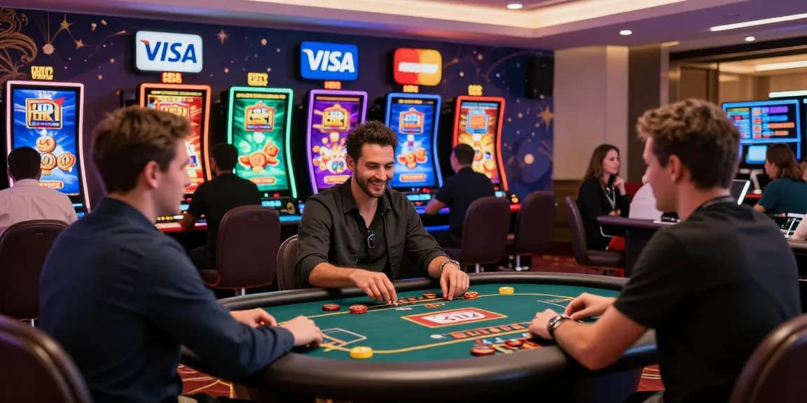 Online players enjoying engaging credit card casino games with Visa and Mastercard logos, showcasing https://aisa.org.uk's exciting atmosphere.