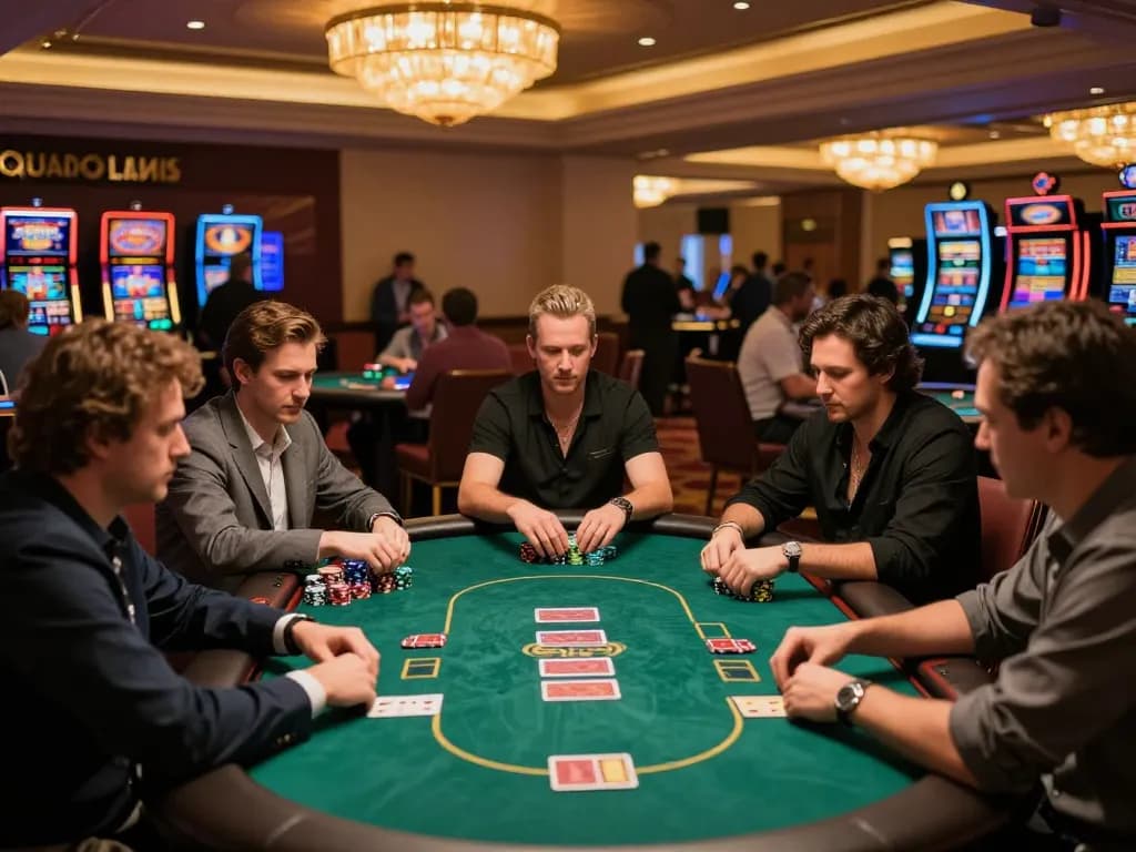 Exciting poker game at 388bet's upscale casino with focused players and vibrant atmosphere.
