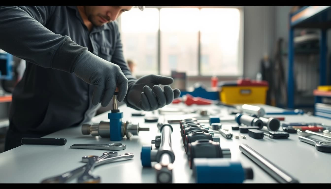 Engaging hydraulic cylinder repair setup showcasing a technician at work with essential tools.