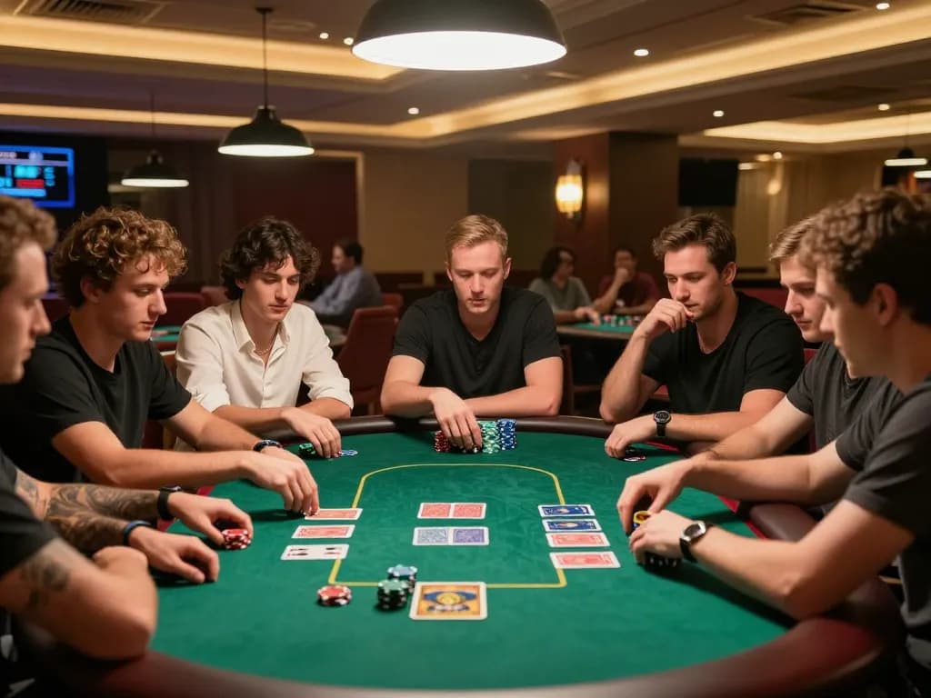 Pemain yang merancang strategi di meja poker di kasino mewah, menangkap kegembiraan bermain di mau777.