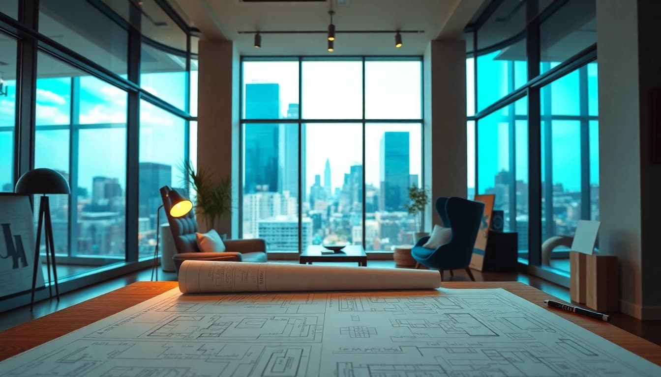 Residential Architect Boston highlights a designer's workspace with blueprints and skyline views.