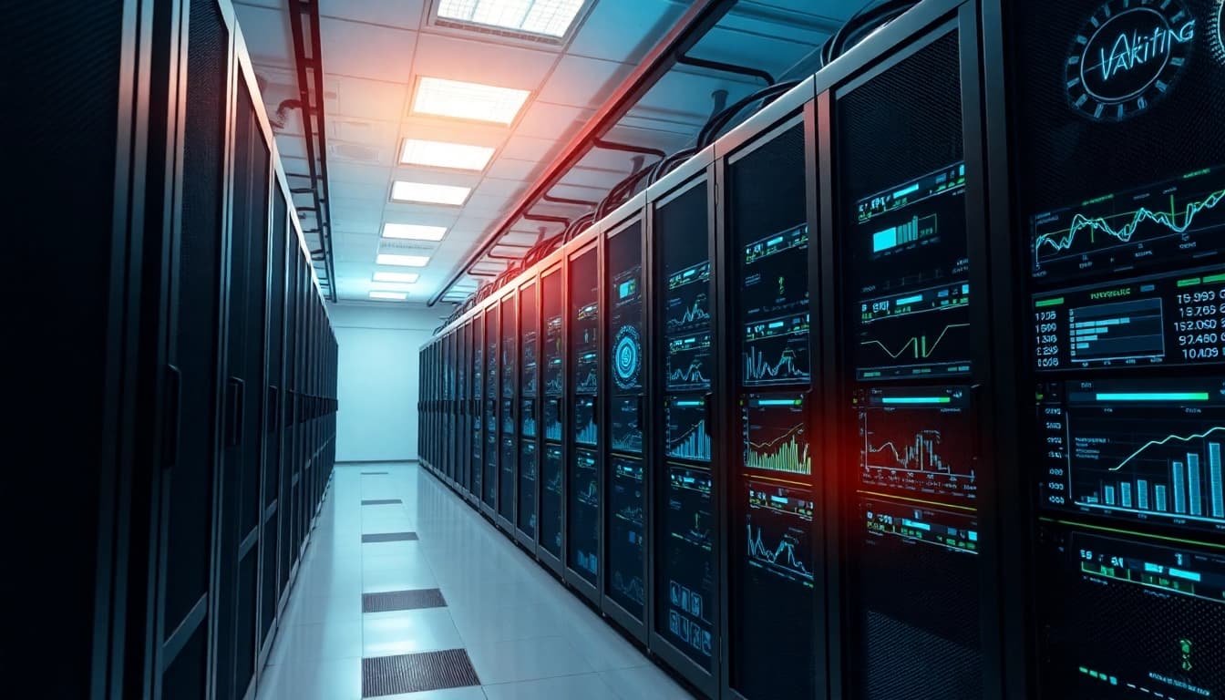 Crypto cloud mining data center with advanced AI technology, showcasing modern servers and digital performance metrics.
