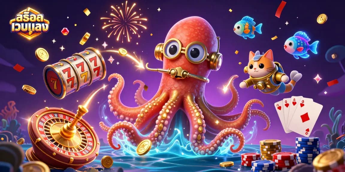 Spin the winning reels on สล็อตเว็บตรง as a colossal kraken and diving cat celebrate amidst dazzling casino treasures.