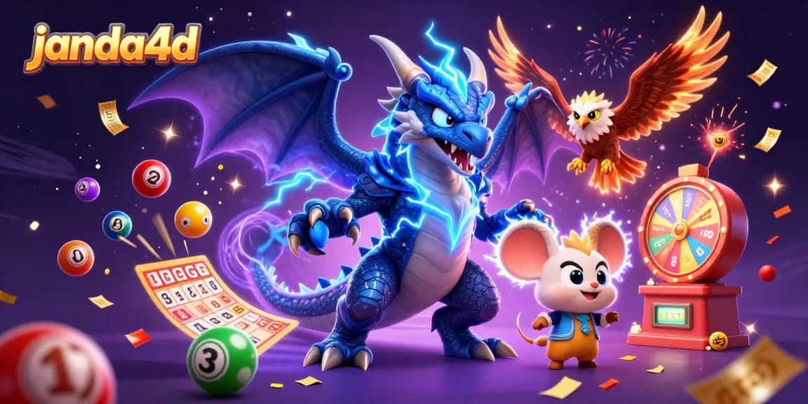 Menangkan hadiah besar di janda4d dengan ilustrasi yang menampilkan naga, elang, dan tikus petir.