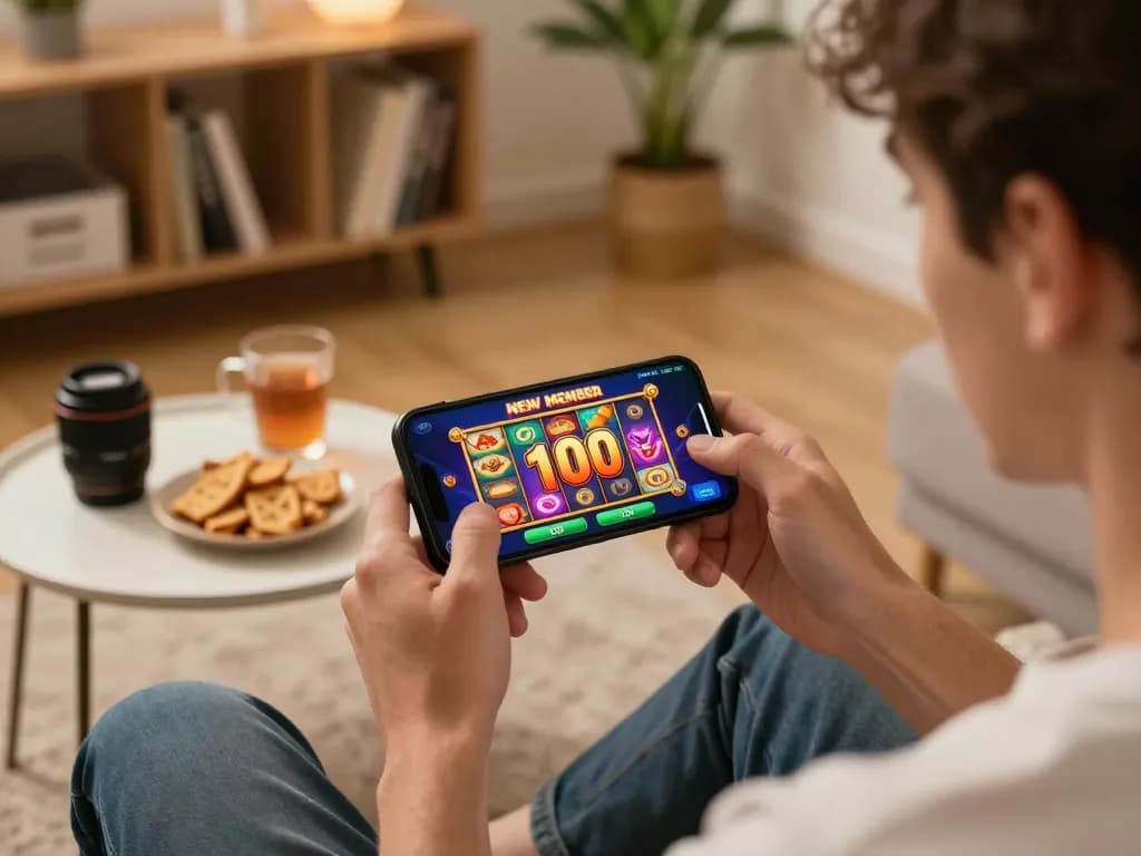Engaging in mobile gaming with slot bonus new member 100 showing on the screen, person enjoying a cozy evening.