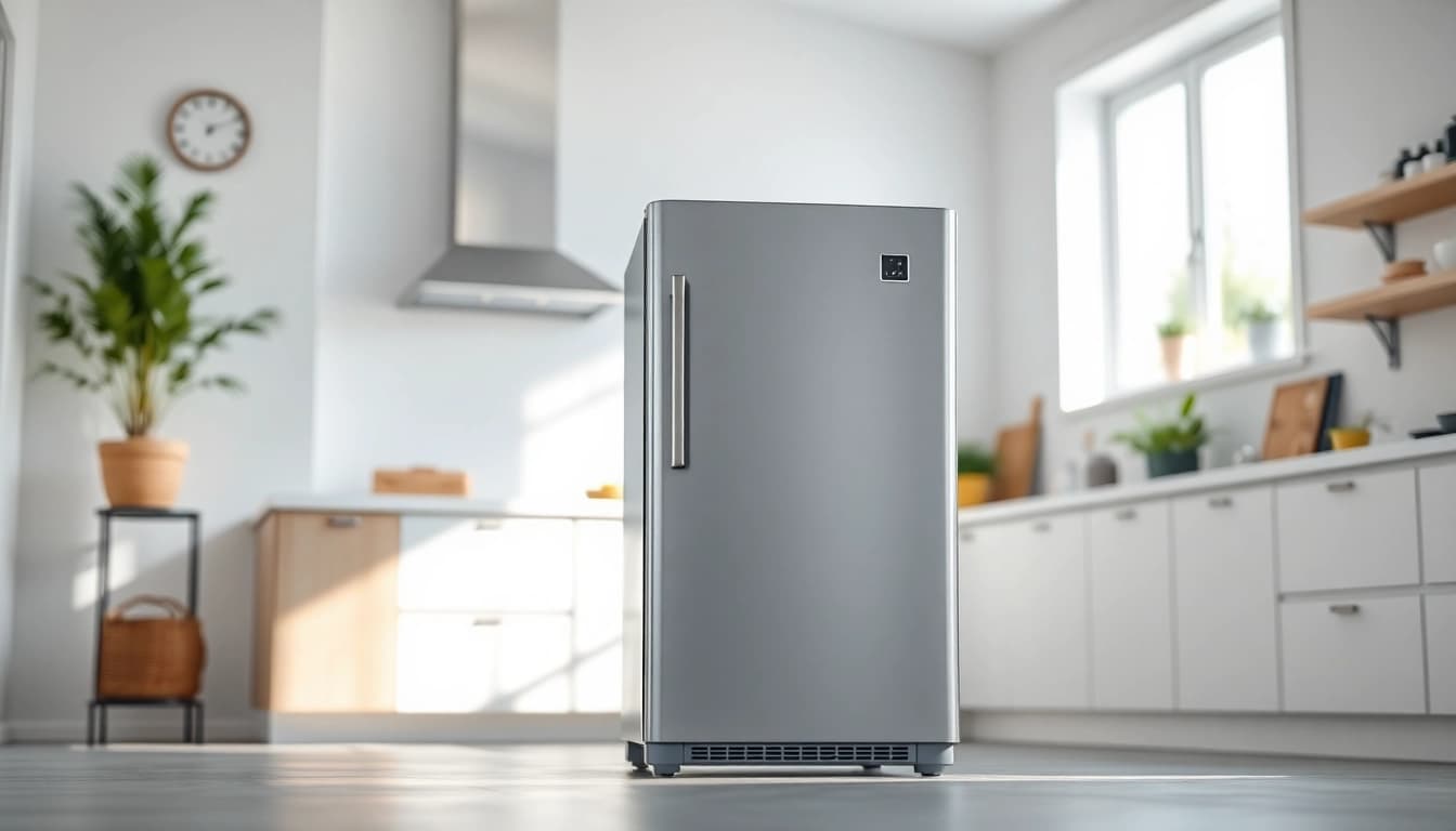 Showcase an affordable mini fridge and freezer elegantly placed in a bright kitchen.