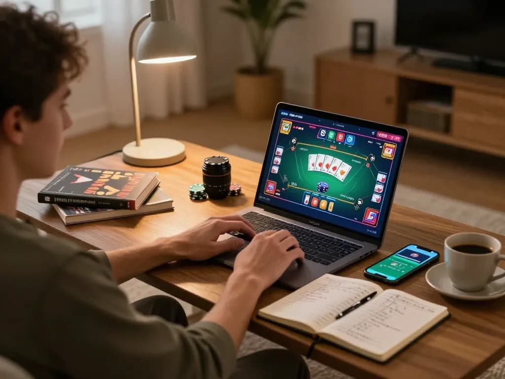 Playing online poker on hidden wiki tor within a cozy home environment, showcasing strategy and casual gameplay