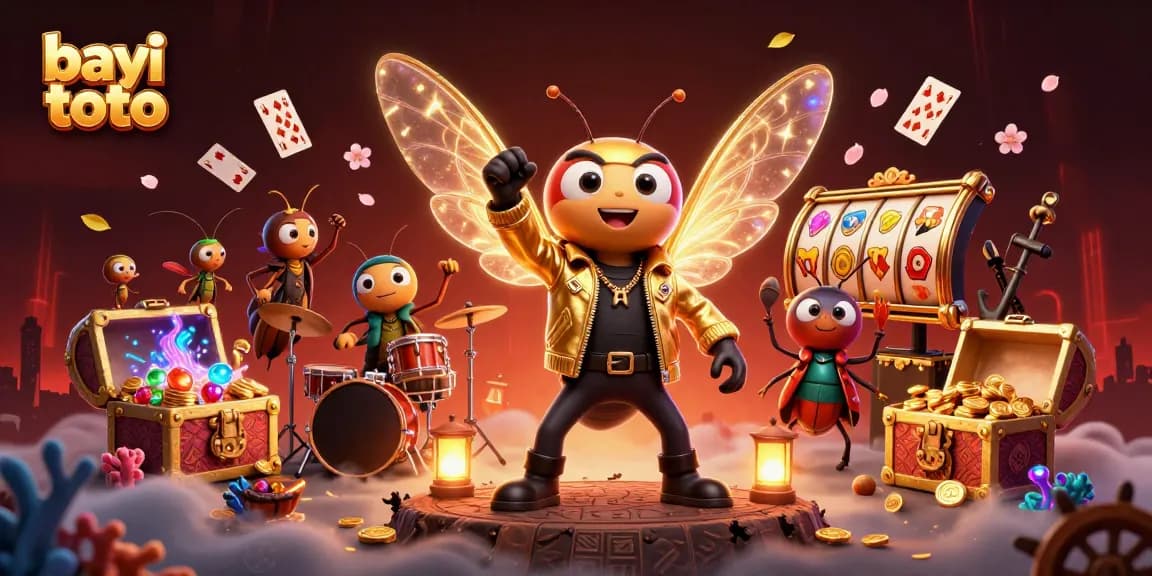 Bayi toto thrilling slot action with cartoon characters celebrating amidst gold coins and glowing gems.