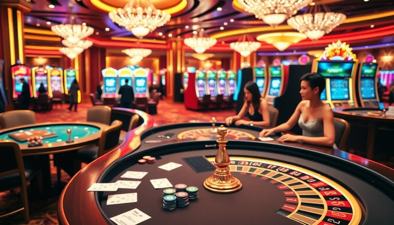 Scène excitante de joueurs de casino en ligne 2026 profitant du poker et de la roulette au milieu de lumières éblouissantes.