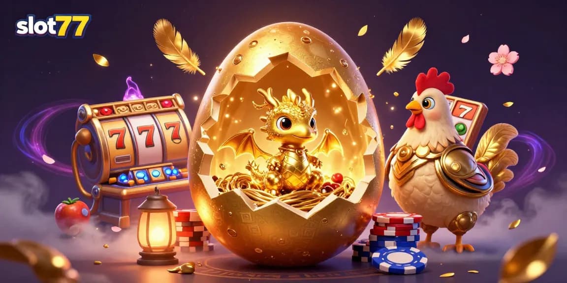 Memenangkan di slot777 dengan ilustrasi kolosal telur emas yang terbuka, menampilkan naga emas dan simbol slot.