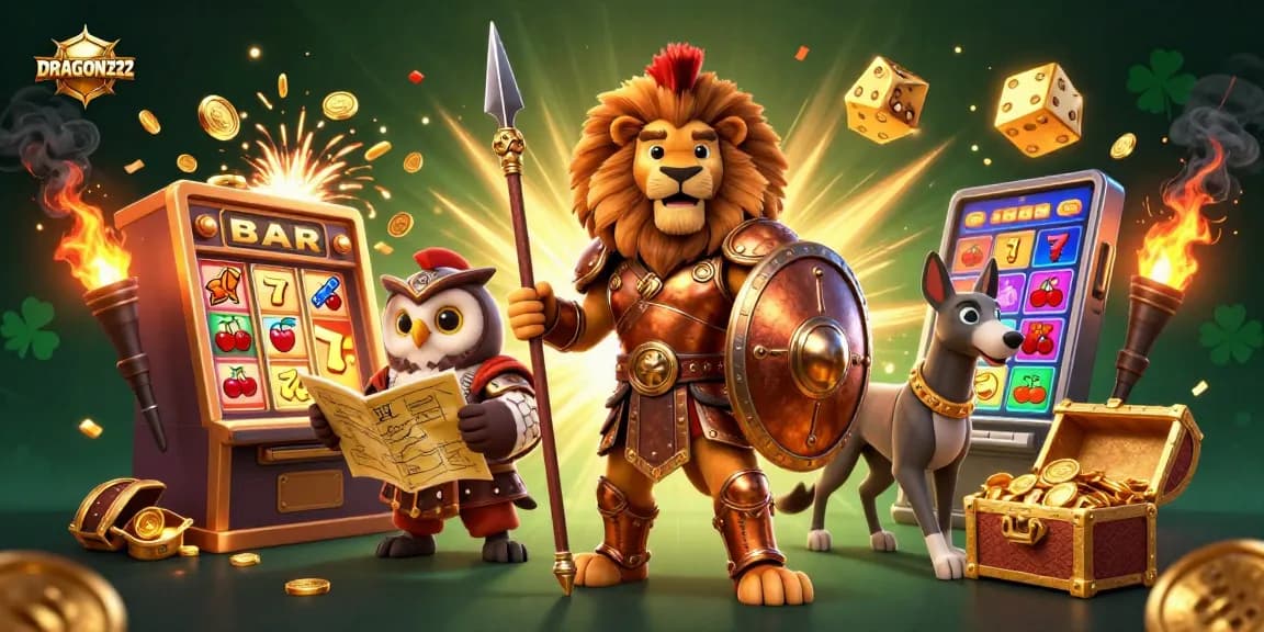 Spin jackpots with DRAGON222 on a thrilling 3D slot adventure featuring lion, owl, and greyhound.