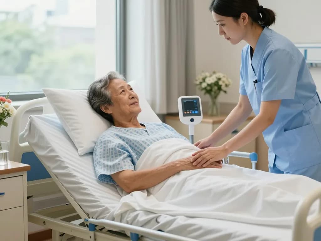 giường bệnh nhân in a caring hospital environment with nurse and patient, showcasing comfort and support