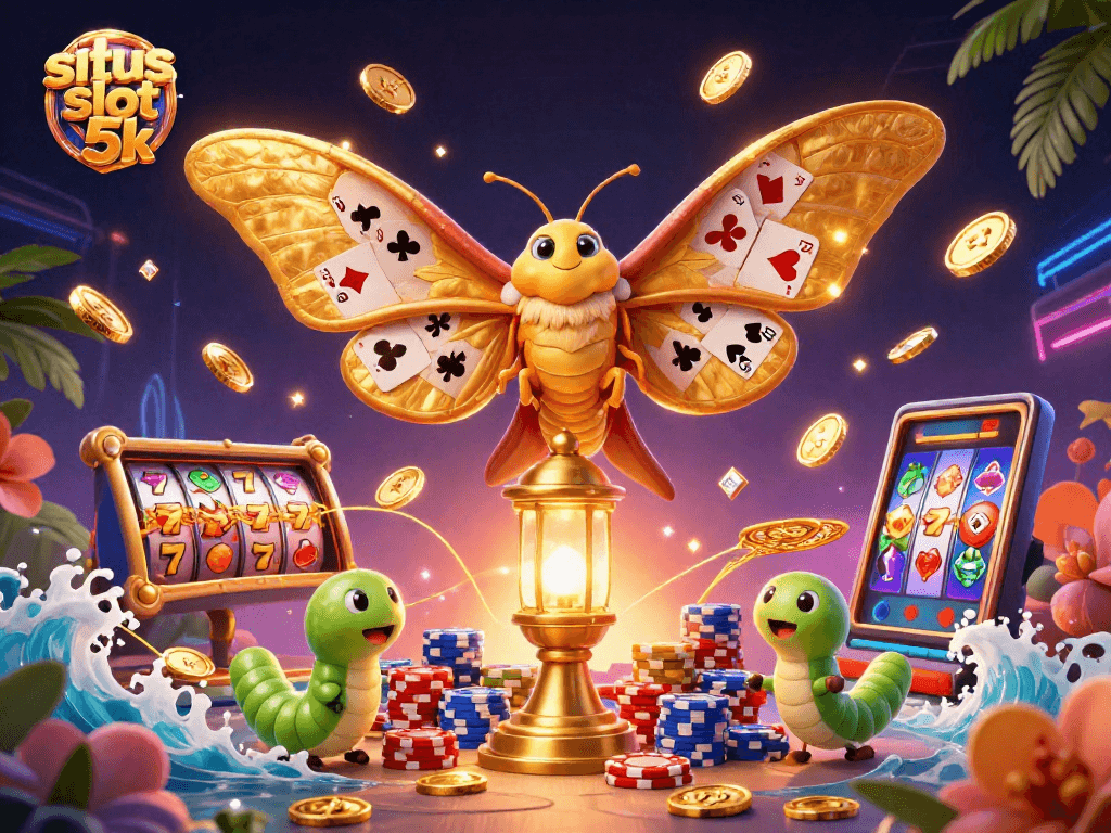 Experience situs slot 5k with the majestic atlas moth in a vibrant casino scene.
