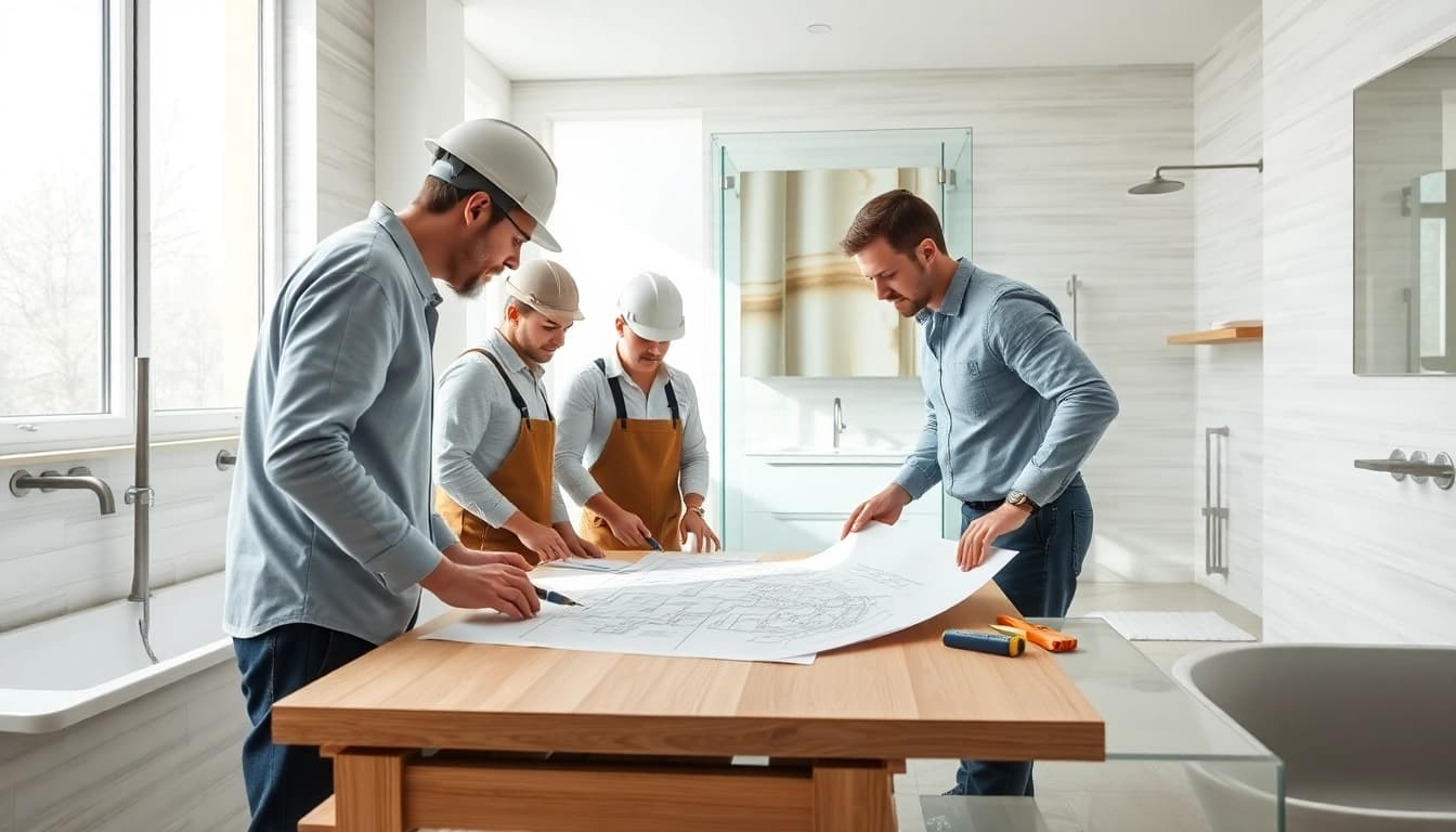 Bathroom builders discussing a renovation project, showcasing teamwork and professionalism.