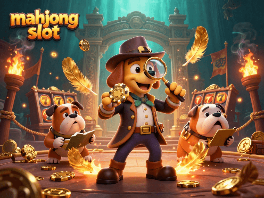 Experience thrilling mahjong slot gameplay with a detective and his bulldog in this vibrant casino scene.