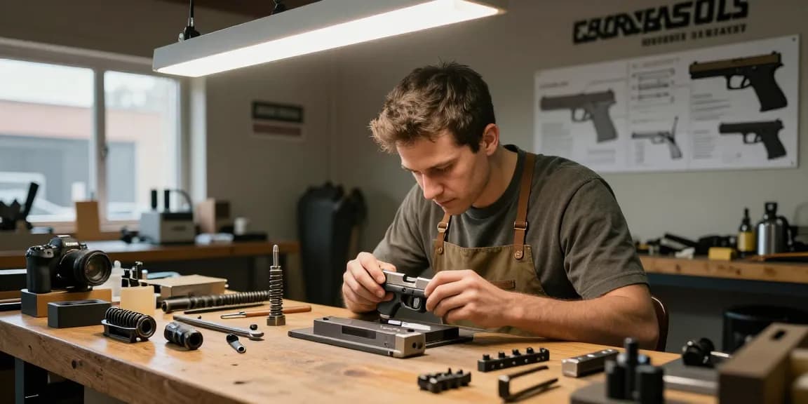 Craftsman at https://precisionglockslides.com assembling a custom Glock slide in a detailed workshop.