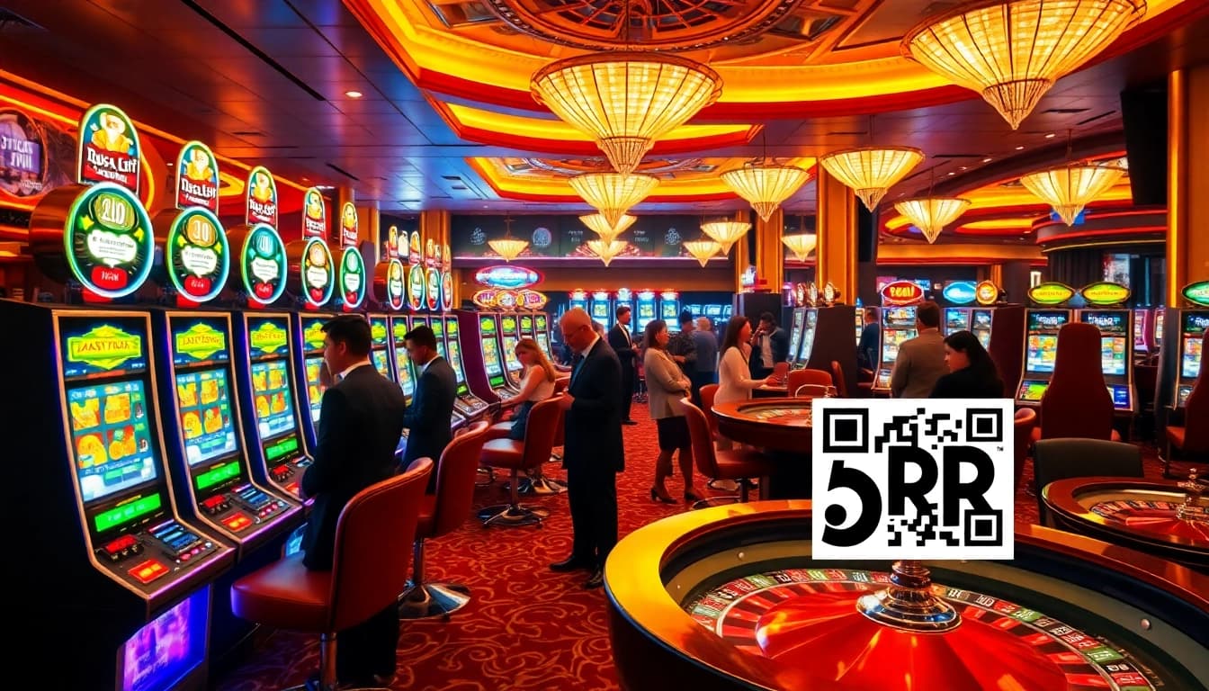 Engaging players at the slot depo 5rb area, showcasing vibrant slot machines and thrilling casino atmosphere.