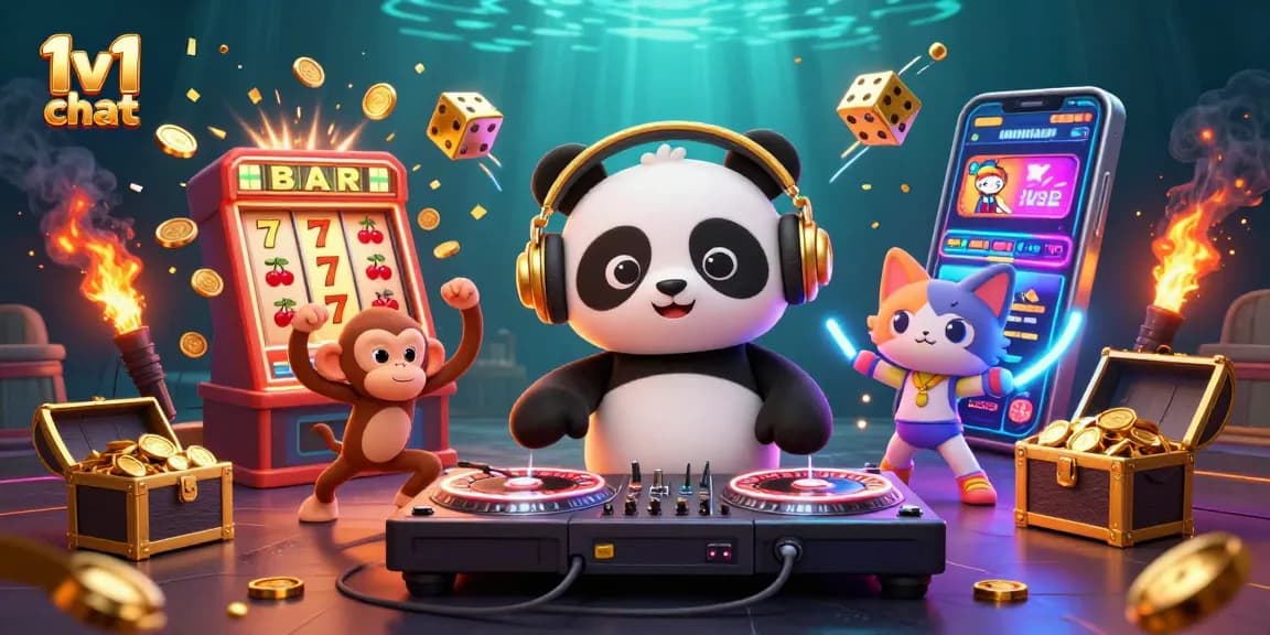 Engage in thrilling 1v1 chat with animated characters in a vibrant casino-themed illustration.