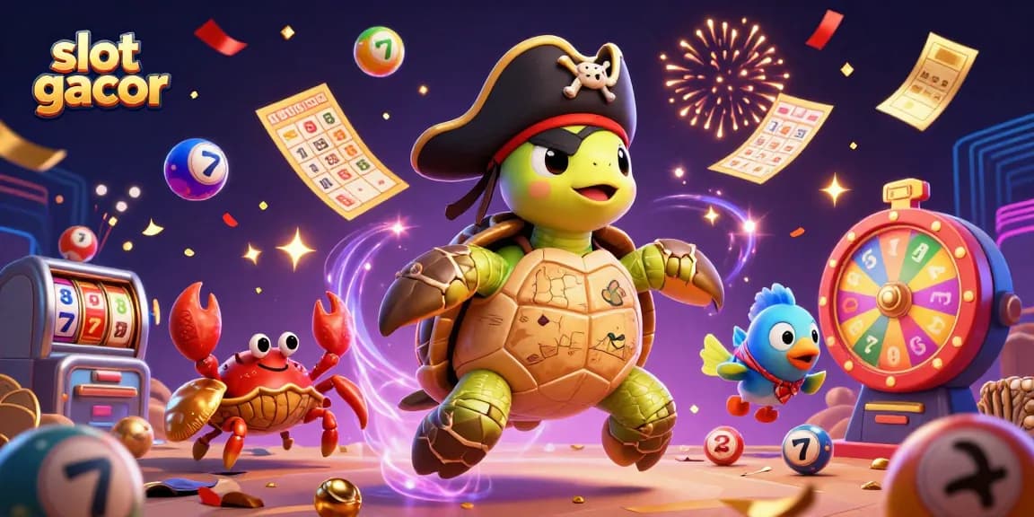 Engage with slot gacor as a 3D cartoon pirate turtle navigates vibrant lottery elements and enchanting symbols.