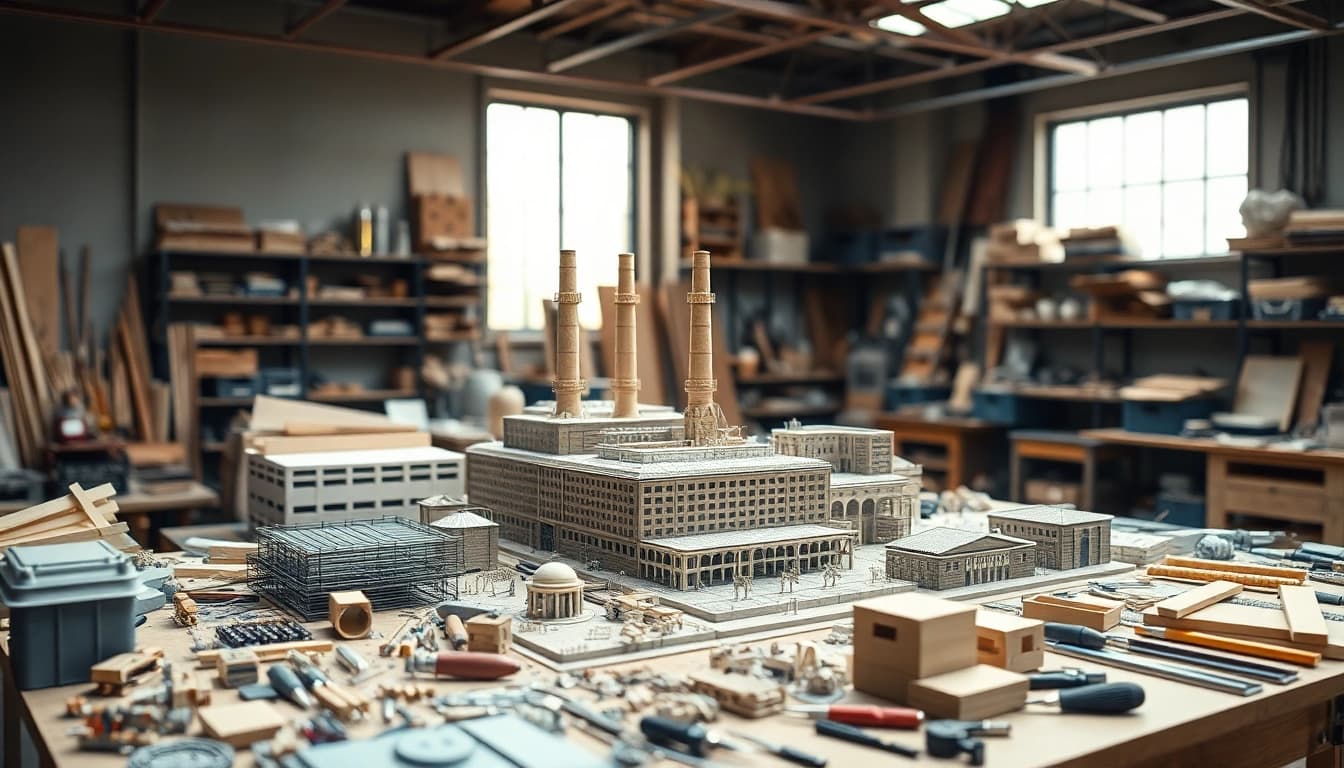 Industriemodellbau auf einem Werkbank voller Werkzeuge und Materialien, detailliertes Fabrikmodell.